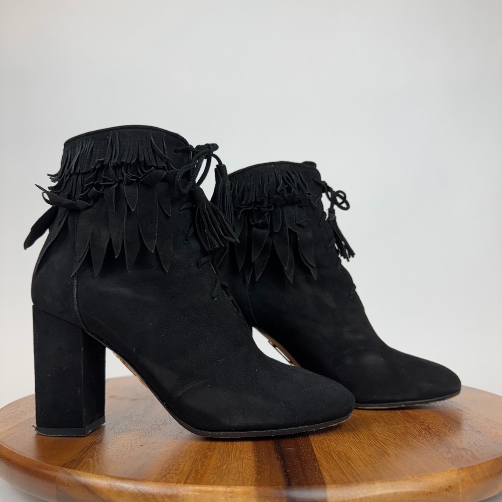 Womens Aquazzura Black Suede Fringe Heeled Ankle Boots Booties Size 37.5 US 7.5